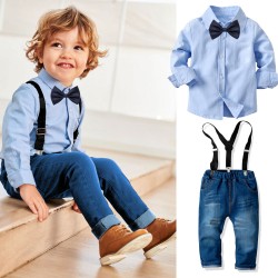 Cross-border Baby boy long-sleeved collared shirt, denim overalls, and suits for children's formal banquets.