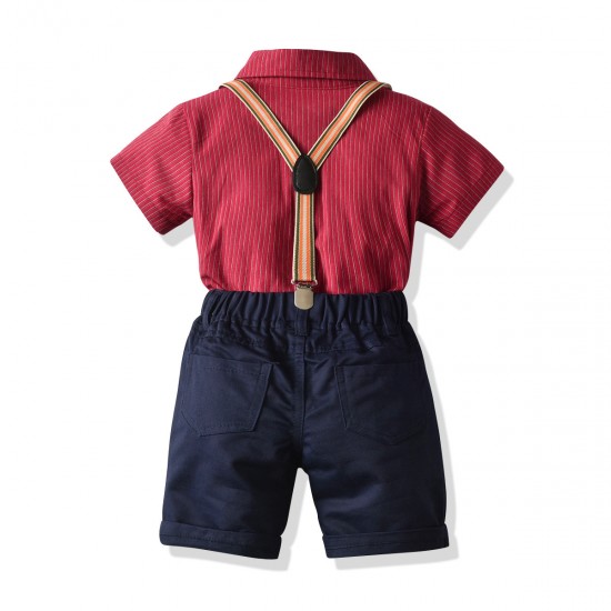 New gentleman's shirt set, boy's tuxedo, striped short-sleeved bow tie shirt, and overalls, birthday suit drop shipping. New gentleman's shirt set, boy's tuxedo, striped short-sleeved bow tie shirt, and overalls, birthday suit drop shipping.