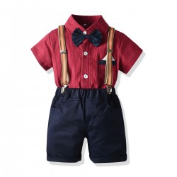 New gentleman's shirt set, boy's tuxedo, striped short-sleeved bow tie shirt, and overalls, birthday suit drop shipping.
