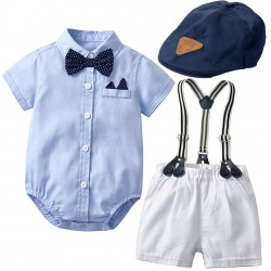 In-stock summer new children's suits for baby boys, including short-sleeved shirts, shorts, and rompers with hats.