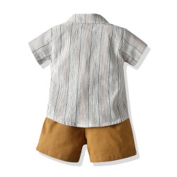 New Korean-style summer handsome boy short-sleeved striped shirt and shorts, stylish overalls set, children's clothing processing.