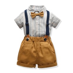 New Korean-style summer handsome boy short-sleeved striped shirt and shorts, stylish overalls set, children's clothing processing.