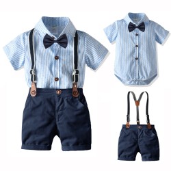 Cross-border European and American summer baby boy gentleman suits, shorts, short-sleeved plaid rompers, and bow ties, four-piece set