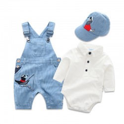 In-stock new spring and autumn children's clothing, baby overalls suits, cotton long-sleeved, cute puppy-shaped rompers, drop shipping.