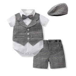 Boys' Spanish-style solid color two-piece suits, new summer high-end children's clothing, tops, short-sleeved shorts sets