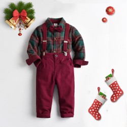 New cross-border spring and autumn boys' long-sleeved shirt suits, European and American Christmas plaid shirts, overalls, and casual children's wear.