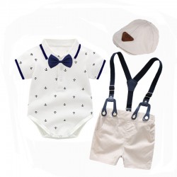 2025 British gentleman's suit, infant and toddler boy short-sleeved triangle romper, suspender shorts, birthday dress