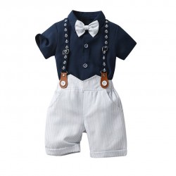 New summer European and American boys' gentleman overalls, versatile school uniforms for infants and toddlers, navy blue shorts for performances.