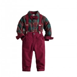 New cross-border spring and autumn boys' long-sleeved shirt suits, European and American Christmas plaid shirts, overalls, and casual children's wear.