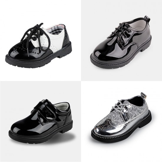 Children's shiny leather shoes, baby host performance shoes with hollow laces, fashionable boys' magic-stick PU leather shoes Children's shiny leather shoes, baby host performance shoes with hollow laces, fashionable boys' magic-stick PU leather shoes